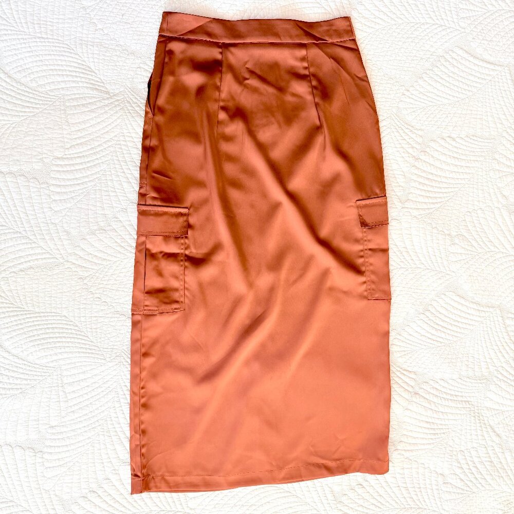 House of Harlow Brown Satin Cargo Midi Skirt Size Small - Picture 10 of 16